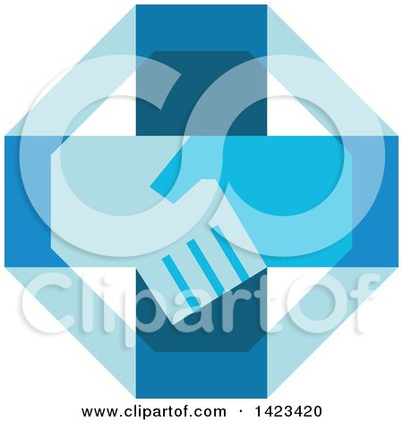 Clipart of a Retro Blue Cross with Shaking Hands - Royalty Free Vector Illustration by patrimonio