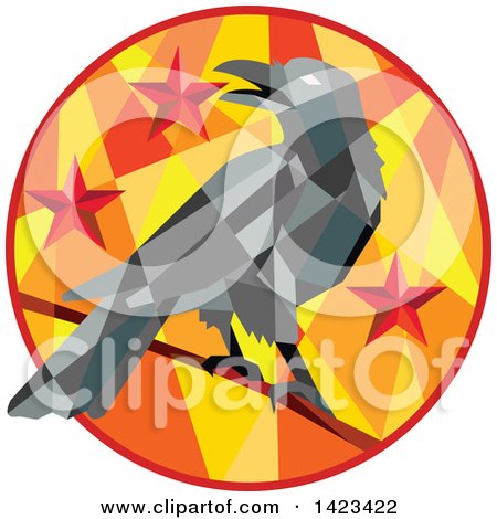Clipart of a Geometric Low Polygon Styled Crow on a Branch in a Circle with Stars - Royalty Free Vector Illustration by patrimonio