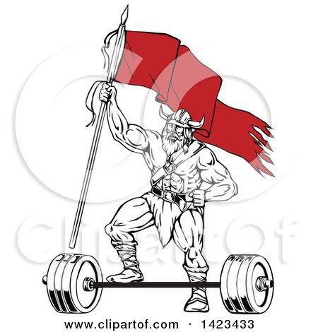 Clipart of a Cartoon Black and White Viking Warrior Holding up a Red Flag and Resting a Foot on a Barbell - Royalty Free Vector Illustration by patrimonio