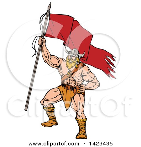 Clipart of a Cartoon Viking Warrior Holding up a Red Flag - Royalty Free Vector Illustration by patrimonio