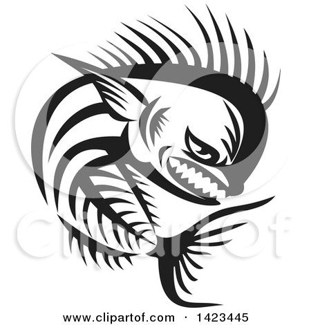 Clipart of a Black and White Tough Mahi Mahi Dorado Dolphin Fish Skeleton - Royalty Free Vector Illustration by patrimonio
