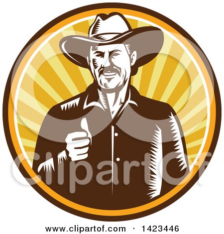 Clipart of a Retro Woodcut Happy Cowboy Giving a Thumb up in a Sunset Circle - Royalty Free Vector Illustration by patrimonio