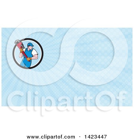 Clipart of a Retro Cartoon White Male Plumber or Handy Man Running with a Giant Monkey Wrench and Blue Rays Background or Business Card Design - Royalty Free Illustration by patrimonio