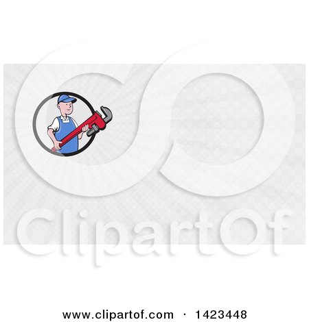 Clipart of a Retro Cartoon White Male Plumber or Handy Man Holding a Giant Monkey Wrench and Gray Rays Background or Business Card Design - Royalty Free Illustration by patrimonio