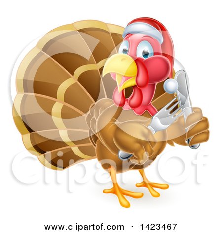 Clipart of a Christmas Turkey Bird Wearing a Santa Hat and Holding Silverware - Royalty Free Vector Illustration by AtStockIllustration