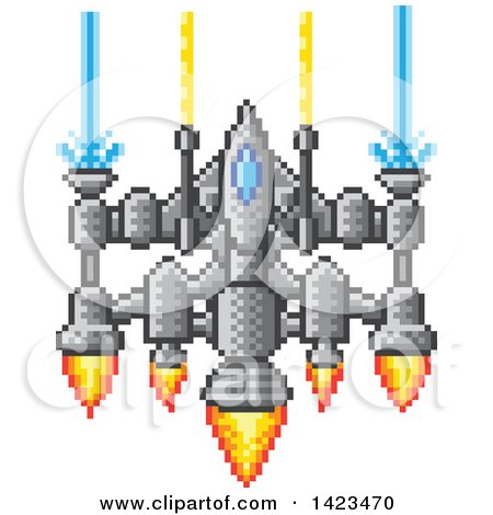 Clipart of a Retro 8 Bit Pixel Art Video Game Styled Spaceship - Royalty Free Vector Illustration by AtStockIllustration