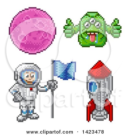 Clipart of a Retro 8 Bit Pixel Art Video Game Styled Astronaut, Rocket, Alien and Planet - Royalty Free Vector Illustration by AtStockIllustration