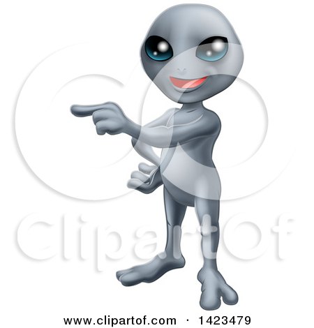 Clipart of a Friendly Gray Alien Pointing to the Left - Royalty Free Vector Illustration by AtStockIllustration
