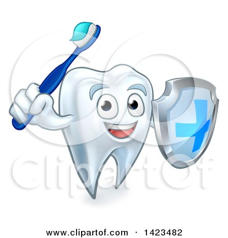 Clipart of a Happy Tooth Character Holding a Toothbrush and Shield - Royalty Free Vector Illustration by AtStockIllustration
