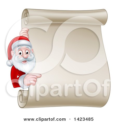 Clipart of a Cartoon Happy Christmas Santa Claus Pointing Around a Scroll Sign - Royalty Free Vector Illustration by AtStockIllustration