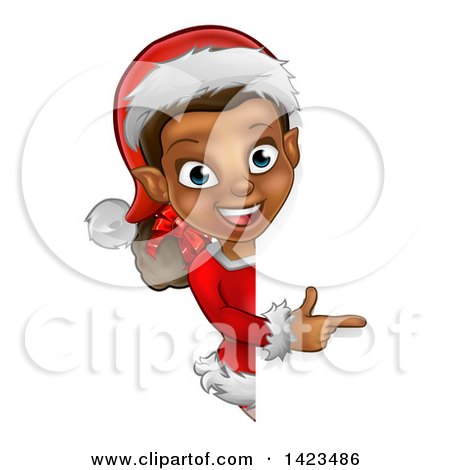 Clipart of a Black Female Christmas Elf Pointing Around a Sign - Royalty Free Vector Illustration by AtStockIllustration