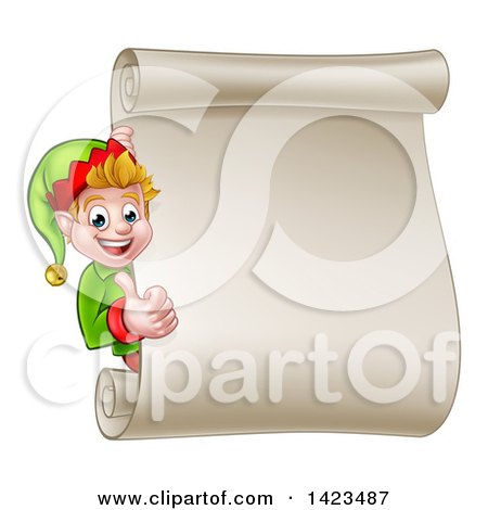 Clipart of a Blond White Male Christmas Elf Giving a Thumb up by a Blank Scroll - Royalty Free Vector Illustration by AtStockIllustration