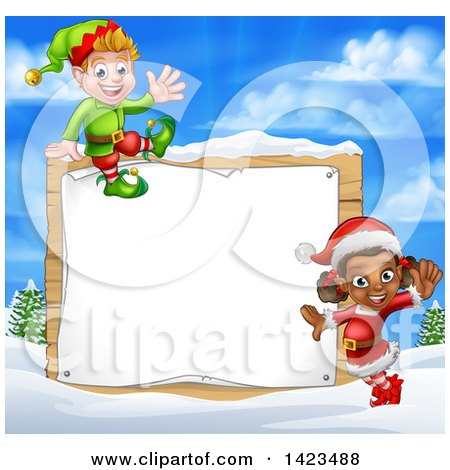 Clipart of Happy Christmas Elves by a Wooden Sign in a Winter Landscape - Royalty Free Vector Illustration by AtStockIllustration