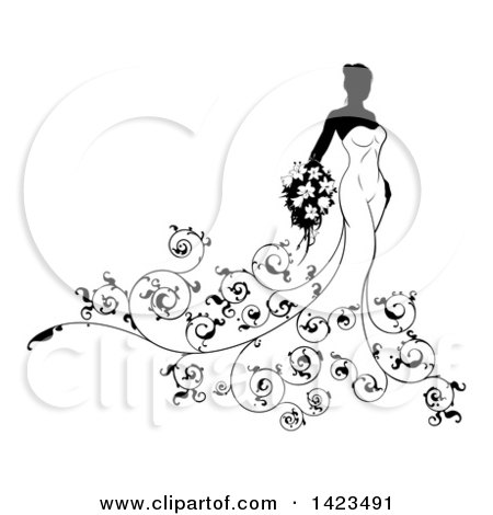 Clipart of a Silhouetted Black and White Bride in Her Gown with Swirls - Royalty Free Vector Illustration by AtStockIllustration