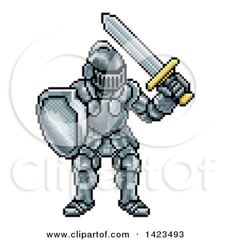 Clipart of a Retro 8 Bit Pixel Art Video Game Styled Knight - Royalty Free Vector Illustration by AtStockIllustration