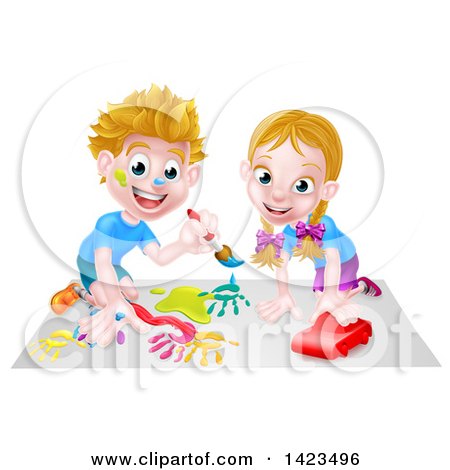 Clipart of a Cartoon Happy White Boy Kneeling and Painting Artwork and Girl Playing with a Toy Car - Royalty Free Vector Illustration by AtStockIllustration