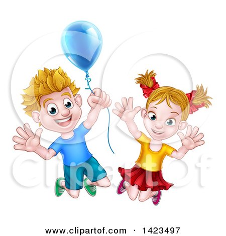 Clipart of a Cartoon Happy Excited Blond Caucasian Boy and Girl Jumping with a Party Balloon - Royalty Free Vector Illustration by AtStockIllustration