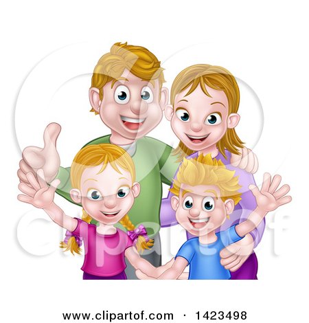 Clipart of a Cartoon Caucasian Brother and Sister Waving with Their Mom and Dad - Royalty Free Vector Illustration by AtStockIllustration