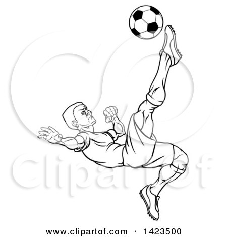 Clipart of a Black and White Lineart Male Soccer Football Player Kicking the Ball - Royalty Free Vector Illustration by AtStockIllustration