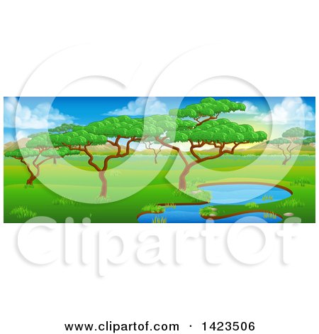 Clipart of a Safari Landscape with a Pond, Trees and Mountains - Royalty Free Vector Illustration by AtStockIllustration