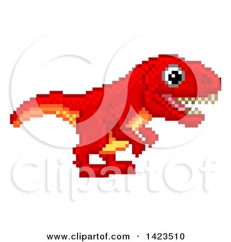 Clipart of a Retro 8 Bit Pixel Art Video Game Styled Red Tyrannosaurs Rex Dinosaur - Royalty Free Vector Illustration by AtStockIllustration