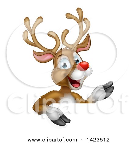 Clipart of a Happy Rudolph Red Nosed Reindeer Pointing over a Sign - Royalty Free Vector Illustration by AtStockIllustration
