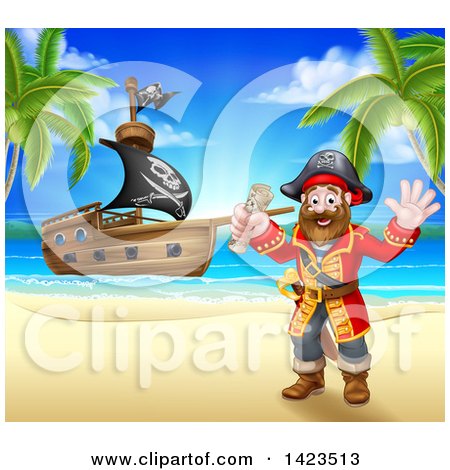 Clipart of a Happy Male Pirate Captain Holding a Treasure Map and Waving on a Tropical Beach, with a Ship in the Background - Royalty Free Vector Illustration by AtStockIllustration