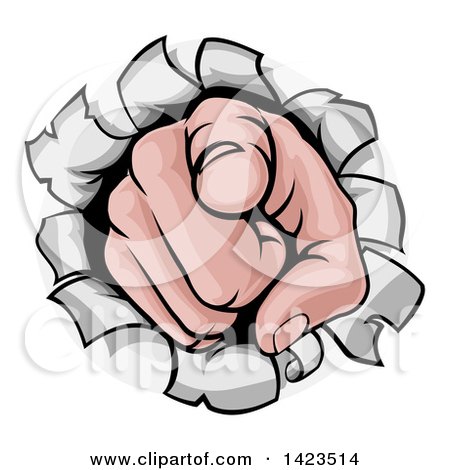 Clipart of a Cartoon Caucasian Hand Pointing Outwards, Breaking Through a Wall - Royalty Free Vector Illustration by AtStockIllustration