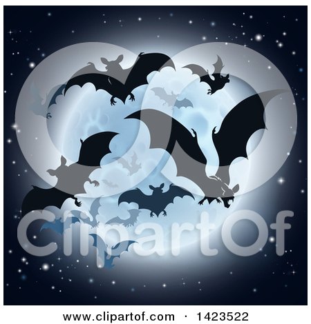 Clipart of Silhouetted Flying Vampire Bats and a Full Moon - Royalty Free Vector Illustration by AtStockIllustration