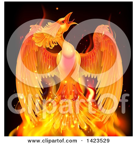 Clipart of a Flying Fiery Phoenix Bird Rising from Flames - Royalty Free Vector Illustration by AtStockIllustration