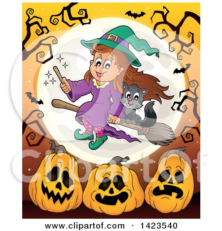 Clipart of a Cute Witch Girl Flying with a Cat over a Full Moon with Bats, Bare Tree Branches and Halloween Pumpkins over Orange - Royalty Free Vector Illustration by visekart