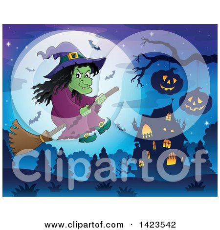 Clipart of a Green Witch Flying near a Haunted House Against a Full Moon - Royalty Free Vector Illustration by visekart