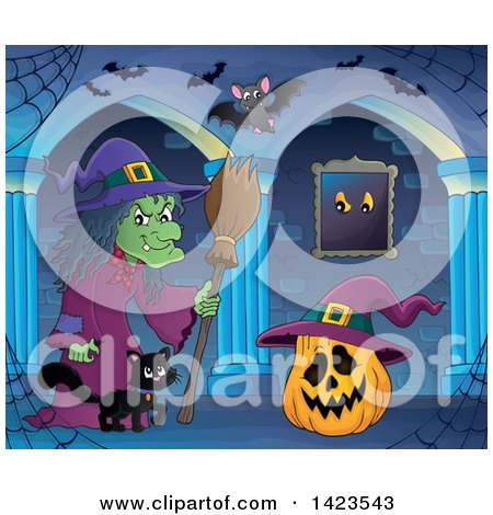 Clipart of a Green Witch Walking with a Cat Towards a Halloween Jackolantern Pumpkin in a Hallway with Bats - Royalty Free Vector Illustration by visekart
