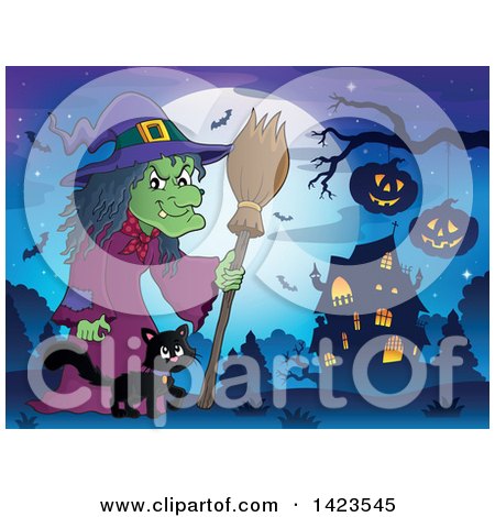 Clipart of a Green Witch and Cat Walking near a Haunted House Against a Full Moon - Royalty Free Vector Illustration by visekart