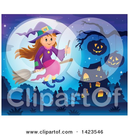Clipart of a Cute Witch Girl Holding a Wand and Flying near a Haunted House - Royalty Free Vector Illustration by visekart