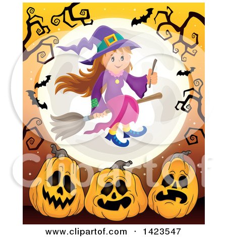 Clipart of a Cute Witch Girl Flying over a Full Moon with Bats, Bare Tree Branches and Halloween Pumpkins over Orange - Royalty Free Vector Illustration by visekart