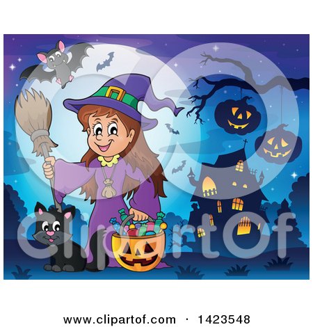 Clipart of a Cute Witch Girl Trick or Treating with Her Cat near a Haunted House - Royalty Free Vector Illustration by visekart