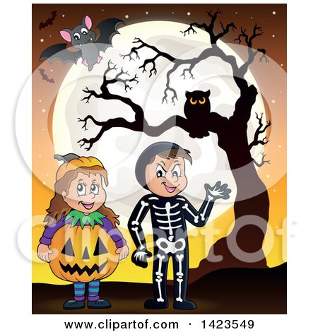 Clipart of a Boy and Girl Trick or Treating in Pumpkin and Skeleton Witch Costumes, Standing Against a Full Moon with Bats and an Owl in a Tree - Royalty Free Vector Illustration by visekart