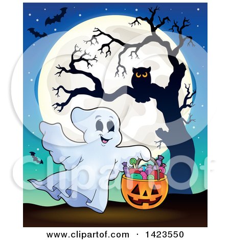 Clipart of a Full Moon with a Ghost Trick or Treating, Bats and an Owl in a Tree - Royalty Free Vector Illustration by visekart