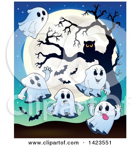 Clipart of a Full Moon with Ghosts, Bats and an Owl in a Tree - Royalty Free Vector Illustration by visekart