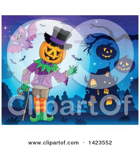 Clipart of a Halloween Pumpkin Headed Man Waving Against a Full Moon with Bats, near a Haunted House - Royalty Free Vector Illustration by visekart