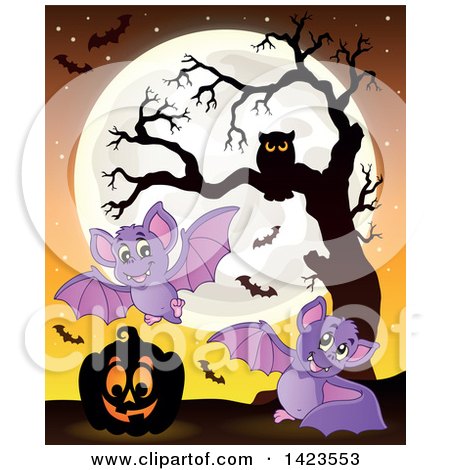 Clipart of a Full Moon with a Halloween Pumpkin, Bats and Owl in a Bare Tree - Royalty Free Vector Illustration by visekart