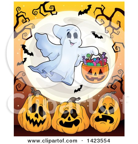 Clipart of a Full Moon with a Trick or Treating Ghost over Halloween Pumpkins, with Branches and Btas - Royalty Free Vector Illustration by visekart