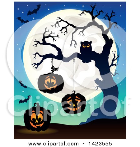 Clipart of a Full Moon with Halloween Pumpkins, Bats and Owl in a Bare Tree - Royalty Free Vector Illustration by visekart