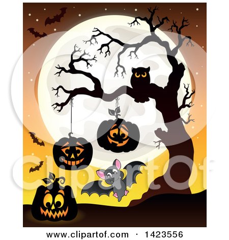 Clipart of a Full Moon with Halloween Jackolantern Pumpkins, Bats and Owl in a Bare Tree - Royalty Free Vector Illustration by visekart
