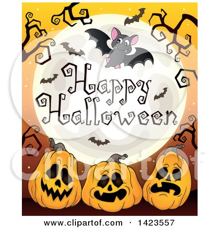 Clipart of a Full Moon with Flying Bats, Happy Halloween Text, Branches and Jackolantern Pumpkins - Royalty Free Vector Illustration by visekart
