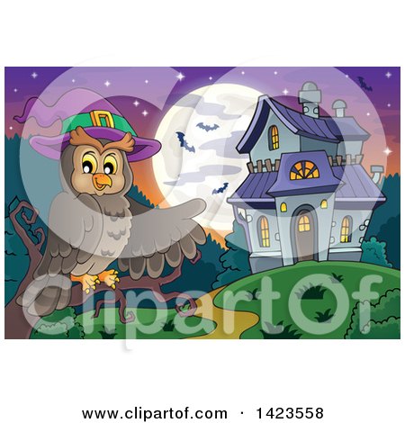 Clipart of a Witch Owl Perched on a Branch, Pointing to a Haunted House with a Full Moon and Bats - Royalty Free Vector Illustration by visekart
