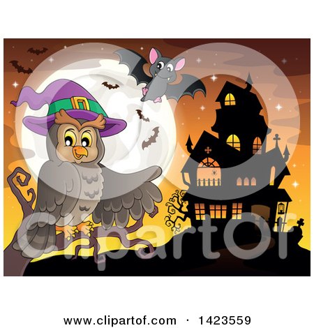 Clipart of a Witch Owl Perched on a Branch, Pointing to a Haunted House with a Full Moon and Bats at Sunset - Royalty Free Vector Illustration by visekart