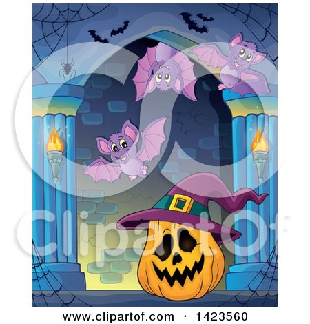 Clipart of a Halloween Jackolantern Pumpkin Wearing a Witch Hat in a Hallway with Bats - Royalty Free Vector Illustration by visekart
