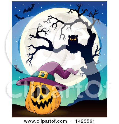 Clipart of a Full Moon with a Halloween Pumpkin Wearing a Witch Hat, Bats and Owl in a Bare Tree - Royalty Free Vector Illustration by visekart